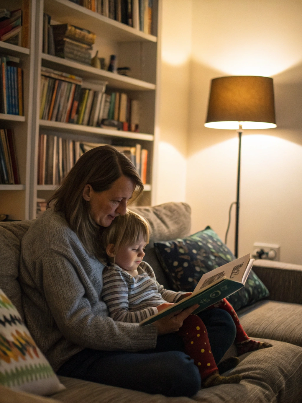 Sarah Mitchell, founder of HomeschoolHub, sharing a quiet reading moment in a bright, natural-lit room